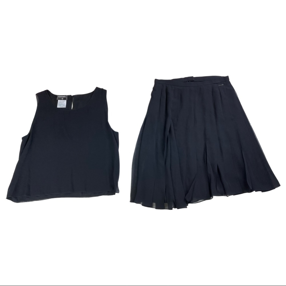 CHANEL 100% Silk All Black Top Skirt Summer Sz 42